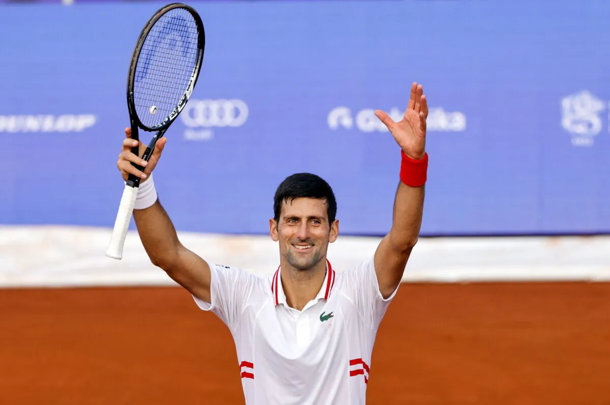 Serbia's Novak Djokovic celebrates his victory after the ATP 250 Serbia Open tennis tournament singles match against South Korea's Soonwoo Kwon at the Novak Tennis Center in Belgrade on April 21, 2021. (Pedja Milosavljevic/AFP via Getty Images)