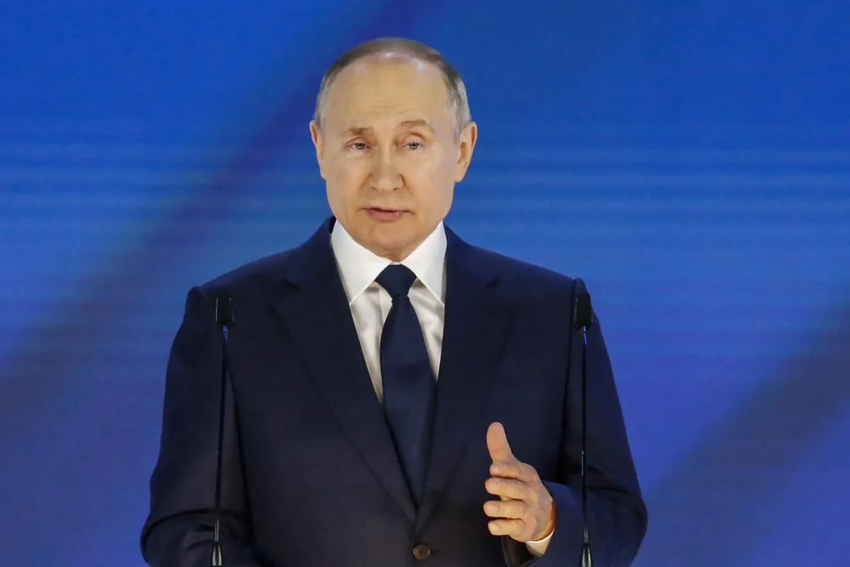 Russian President Vladimir Putin delivers his annual state of the nation address at The Federal Assembly at The Manezh Exhibition Hall in Moscow on April 21, 2021. (ALEXANDER ZEMLIANICHENKO/POOL/AFP via Getty Images)