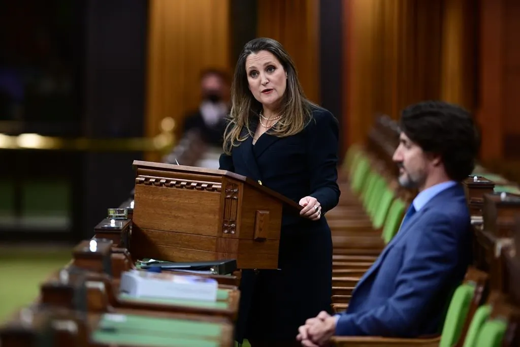 Finance Minister Chrystia Freeland delivers the federal budget in the House of Commons as Prime Minister Justin Trudeau looks on in Ottawa on April 19, 2021. (The Canadian Press/Sean Kilpatrick)