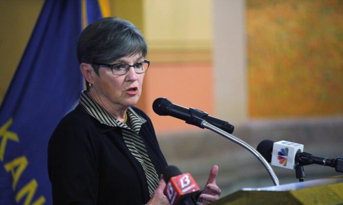 Kansas Democratic Gov. Laura Kelly, who won a second term Nov. 8, speaks during an event at the Statehouse in Topeka. Kan., on April 21, 2021. (John Hanna/AP Photo)