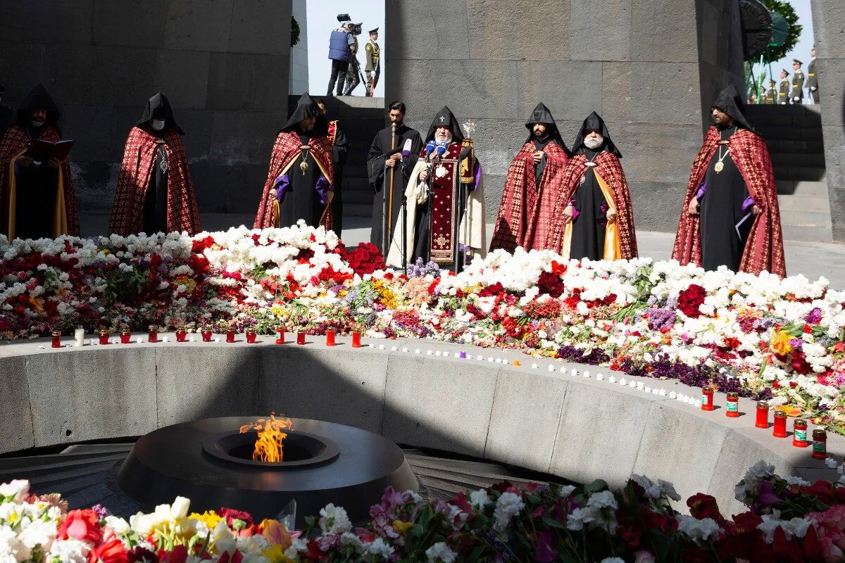 Armenian Apostolic Church leader Catholicos Garegin II (C) attends a memorial service at the monument to the victims of mass killings by Ottoman Turks, to commemorate the 106th anniversary of the massacre, in Yerevan, Armenia, on April 24, 2021. (Grigor Yepremyan/PAN Photo via AP)