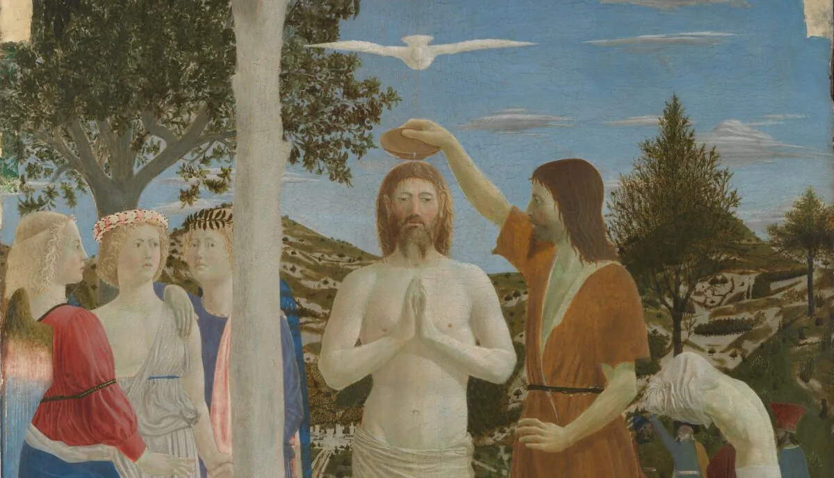 A detail from Piero della Francesca’s “The Baptism of Christ,” 1448. National Gallery, London. (Public Domain)