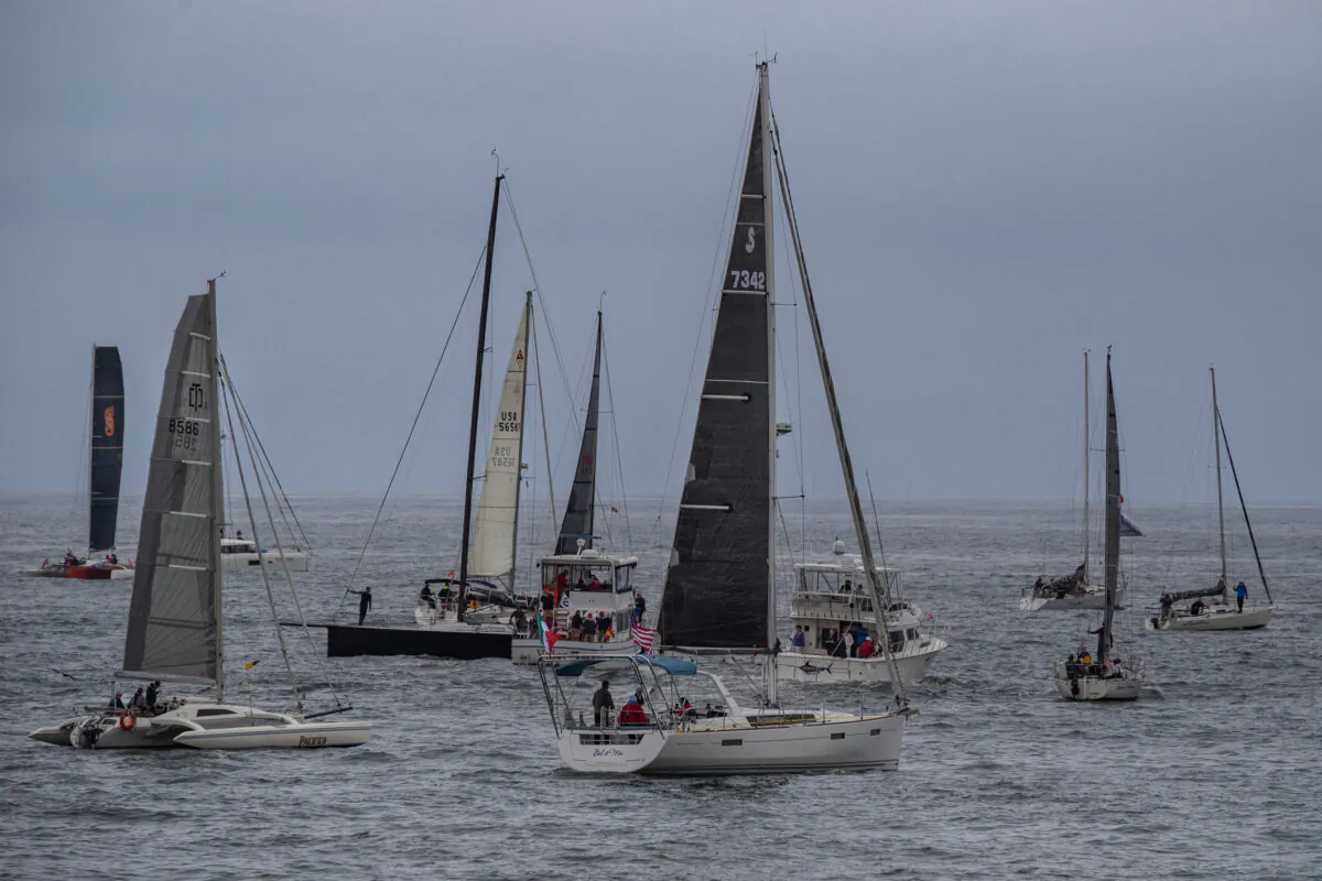 Boats partake in the 73rd annual Newport Beach to Ensenada Boat Race, in Newport Beach, Calif., on April 23, 2021. (John Fredricks/The Epoch Times)