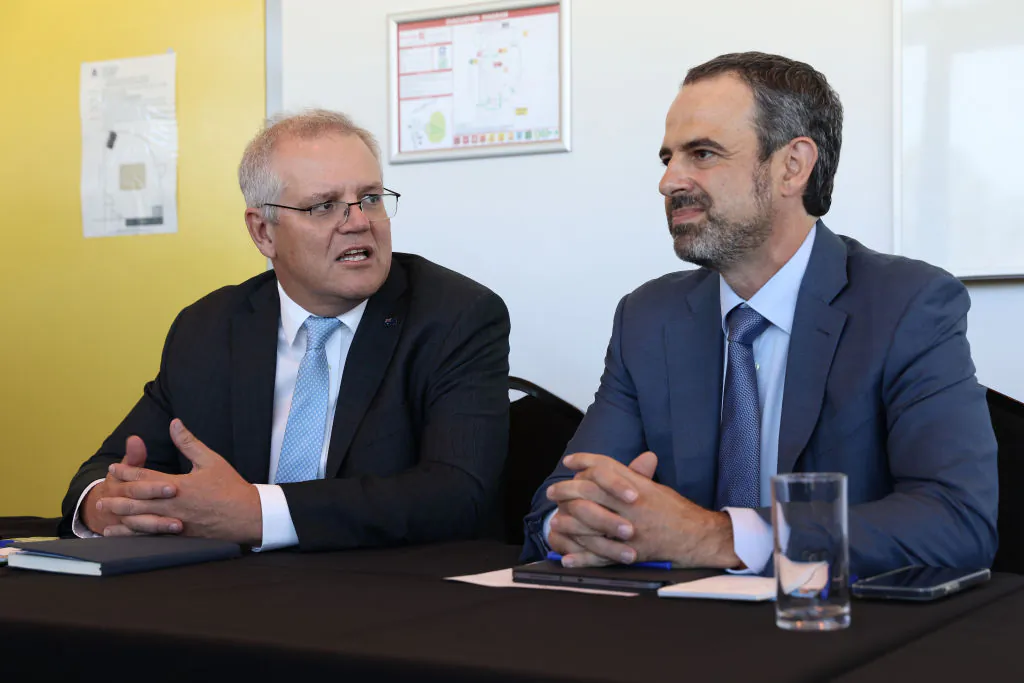 Australian Prime Minister Scott Morrison attends a meeting with AMA President Dr. Omar Khorshid and General Practitioners during a round table talk at the Stirling Community Centre in Perth, Australia on Apr. 15, 2021. (Photo by Paul Kane/Getty Images)
