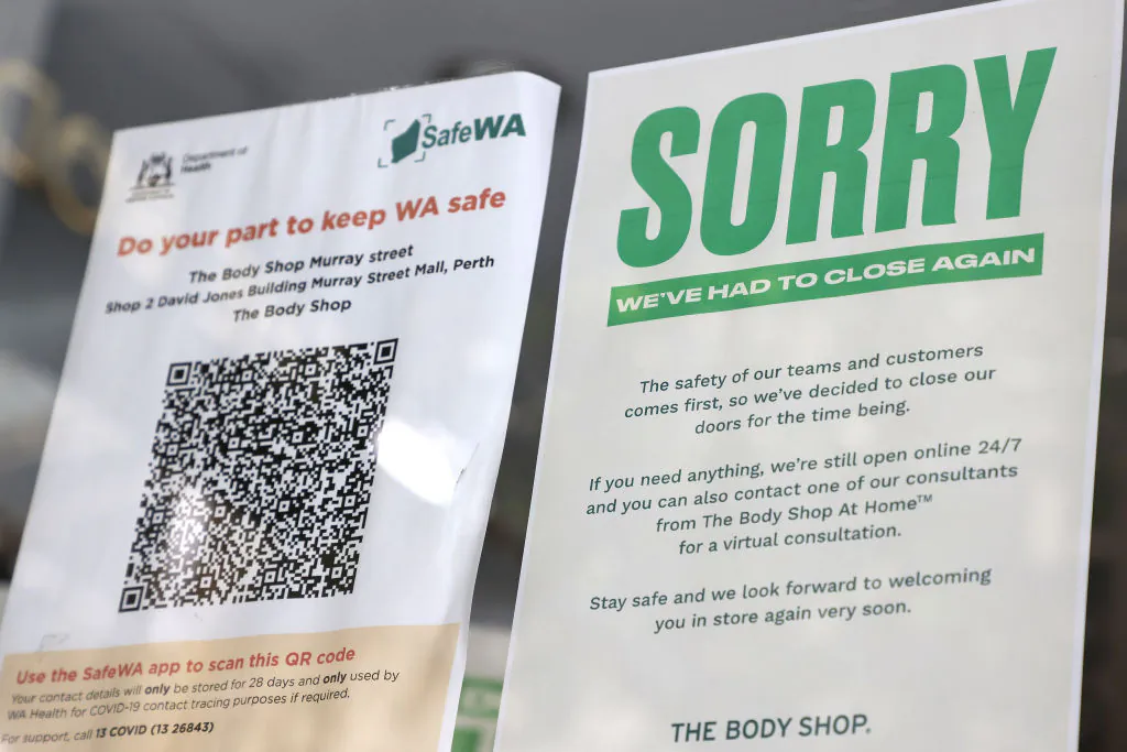 A closure sign is displayed in the window of The Body Shop in Murray St mall in Perth, Australia, on April 24, 2021. (Paul Kane/Getty Images)