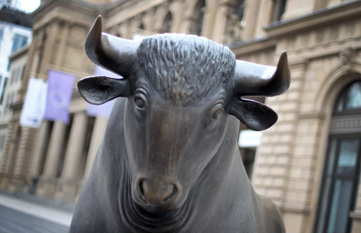 A bull sculpture is pictured in Frankfurt, western Germany, on Dec. 29, 2020. (Daniel Roland/AFP via Getty Images)
