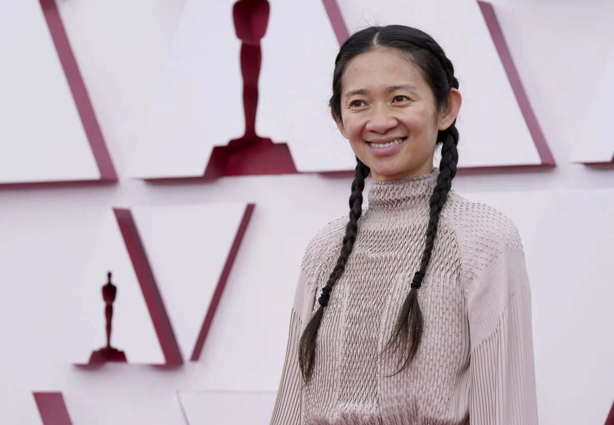 Chloe Zhao arrives at the Oscars at Union Station in Los Angeles, on April 25, 2021. (AP Photo/Chris Pizzello, Pool)