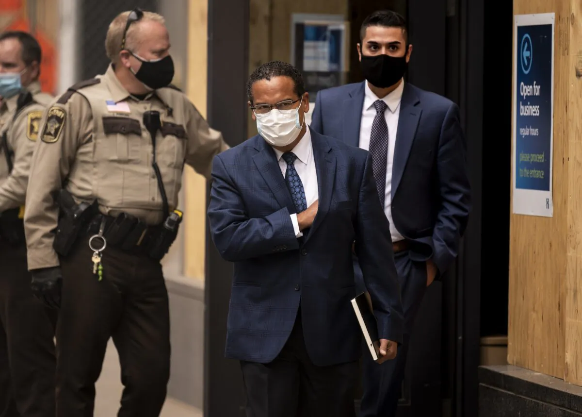 Minnesota Attorney General Keith Ellison exits the Hennepin County Family Justice Center after a pretrial hearing for the four former Minneapolis Police officers charged in the death of George Floyd, in Minneapolis, Minn., on Sept. 11, 2020. (Stephen Maturen/Getty Images)