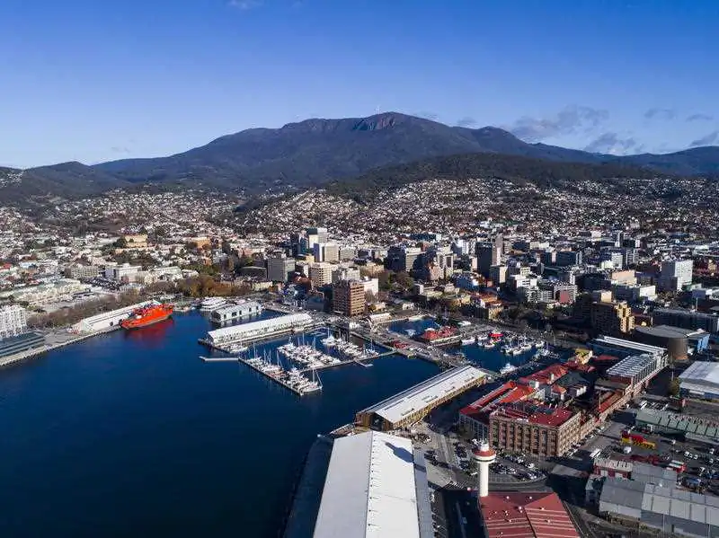 An aerial view of the city of Hobart and Mount Wellington in Tasmania. (AAP Image/Supplied by MACq 01 Hotel, Stu Gibson)