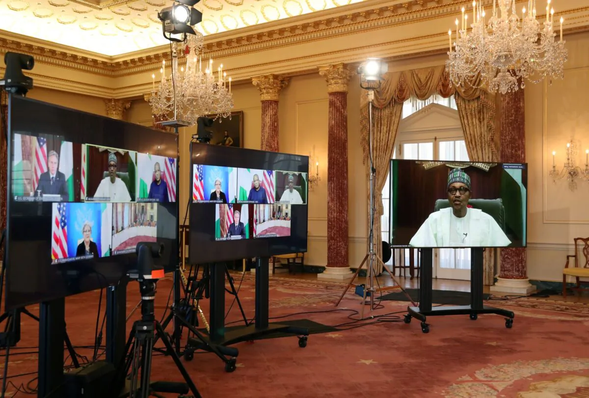 U.S. Secretary of State Antony Blinken participates in a virtual bilateral meeting with Nigeria's President Muhammadu Buhari at the State Department in Washington on April 27, 2021. (Leah Millis/Reuters)