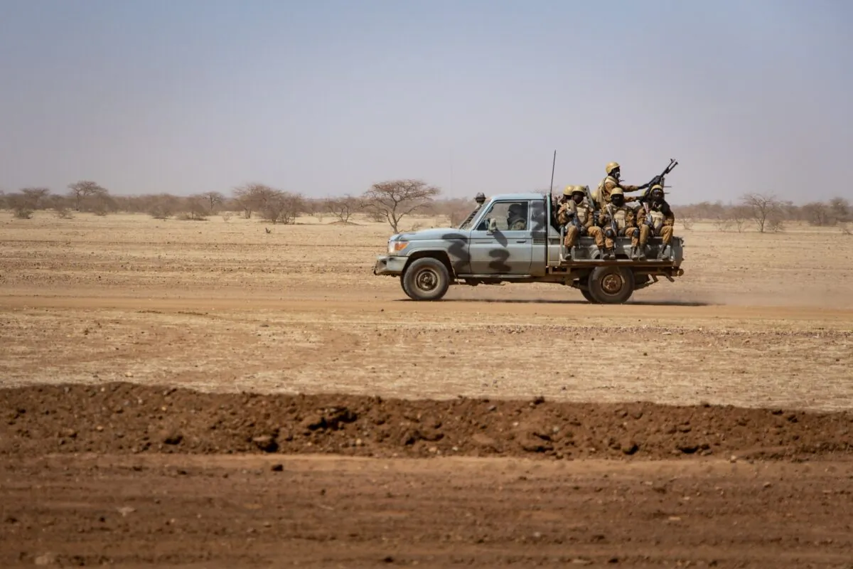 Soldiers patrol aboard a pick-up truck on a road in Burkina Faso, on Feb. 3, 2020. (Olympia De Maismont/Getty Images)