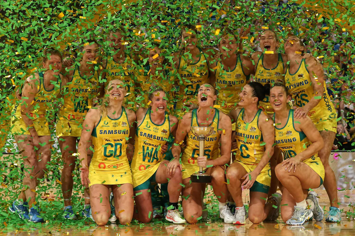 The Australian Diamonds celebrate with the Constellation Cup after winning the 2019 Constellation Cup match between the Australia Diamonds and the New Zealand Silver Ferns at RAC Arena on October 27, 2019 in Perth, Australia. (Paul Kane/Getty Images)