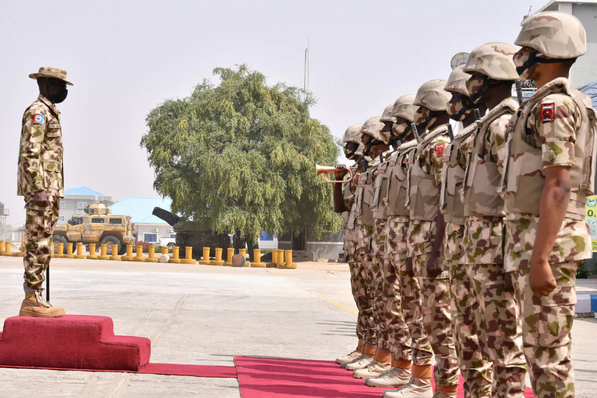 Soldiers stand at attention at the Maiduguri Airforce base in Maiduguri, Nigeria, on Jan. 31, 2021. (Audu Marte/AFP via Getty Images)