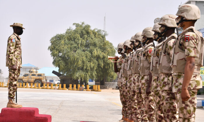 Soldiers stand at attention at the Maiduguri Airforce base in Maiduguri, Nigeria, on Jan. 31, 2021. (Audu Marte/AFP via Getty Images)