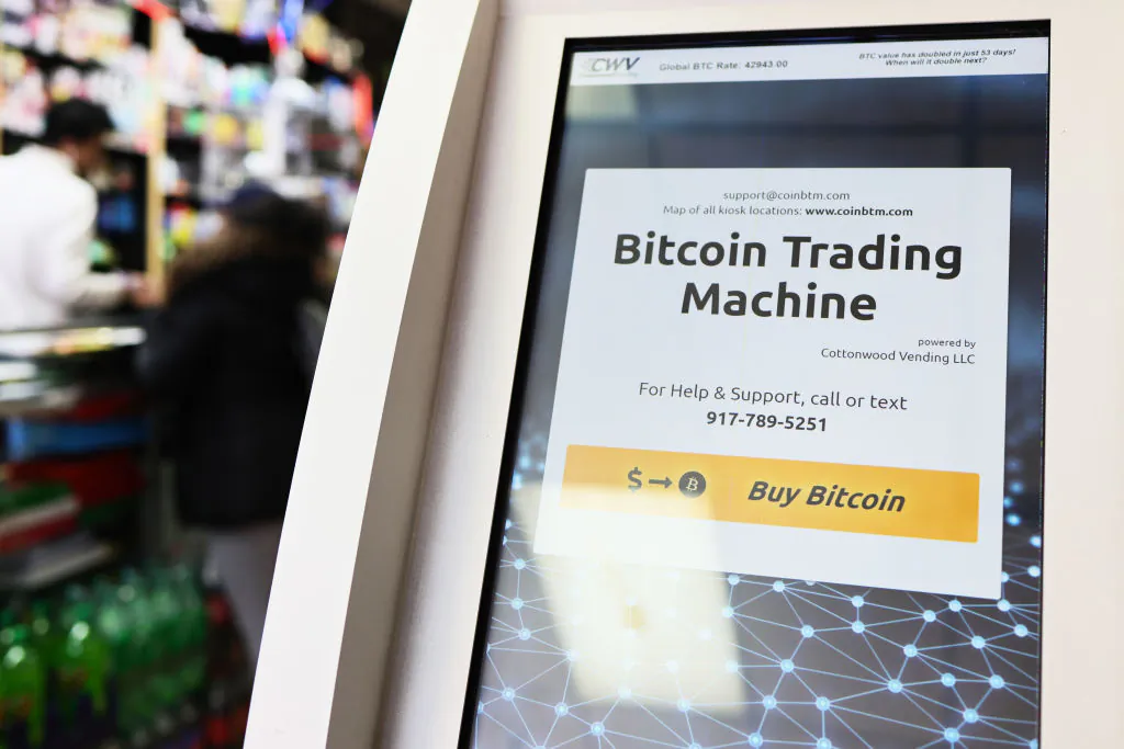 A bitcoin ATM is seen inside the Big Apple Tobacco Shop in New York City, on Feb. 8, 2021. (Michael M. Santiago/Getty Images)