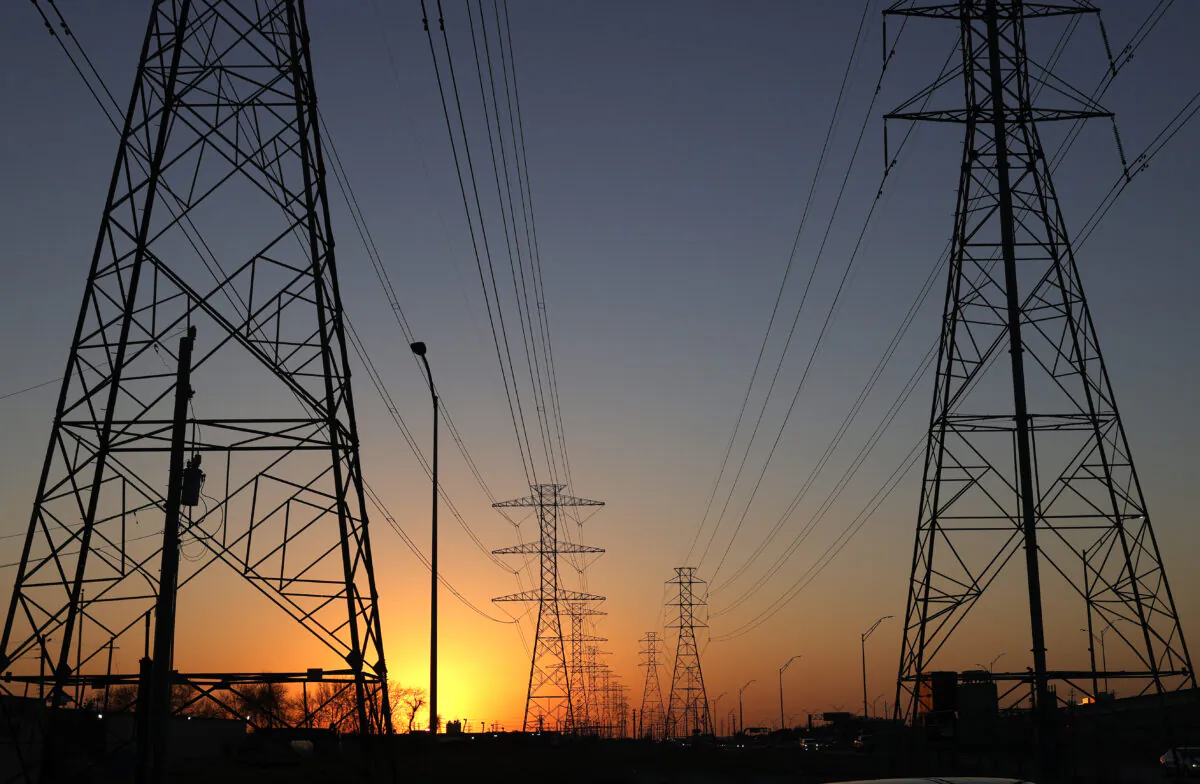 High voltage transmission towers in Houston on Feb. 21, 2021. (Justin Sullivan/Getty Images)