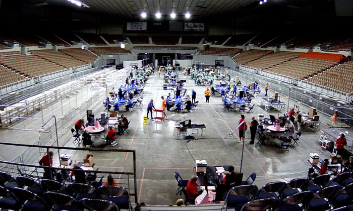 Real-time camera footage of Maricopa County’s large-scale audit of the 2020 election, Maricopa County, Ariz. (Screenshot/The Epoch Times)