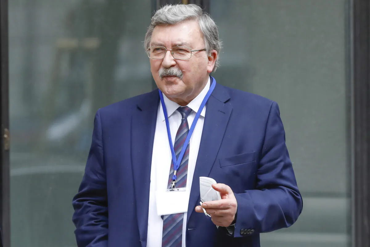 Russia's Governor to the International Atomic Energy Agency, IAEA, Mikhail Ulyanov is seen in front of the 'Grand Hotel Wien' where closed-door nuclear talks with Iran take place in Vienna, Austria, on April 20, 2021. (Lisa Leutner/AP Photo)