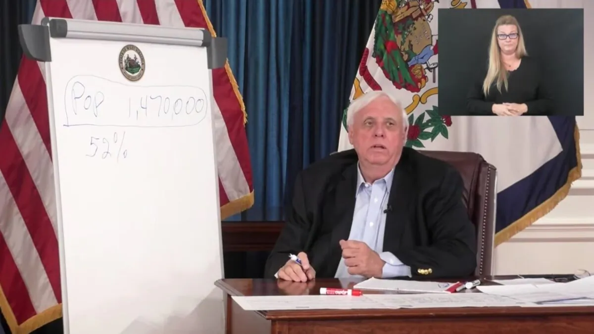 West Virginia Gov. Jim Justice speaks at a press conference in Charleston, W.Va. on April 26, 2021. (Gov. Jim Justice via YouTube)