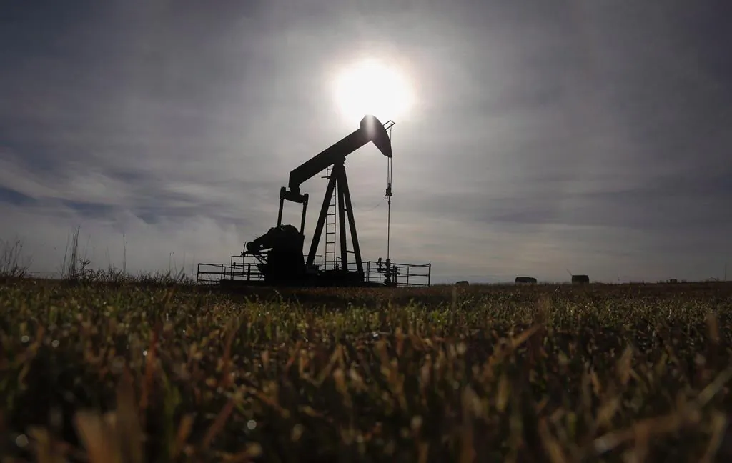 A pumpjack operates at a wellhead on an oil and gas installation near Cremona, Alta., in a file photo. (Jeff McIntosh/The Canadian Press)