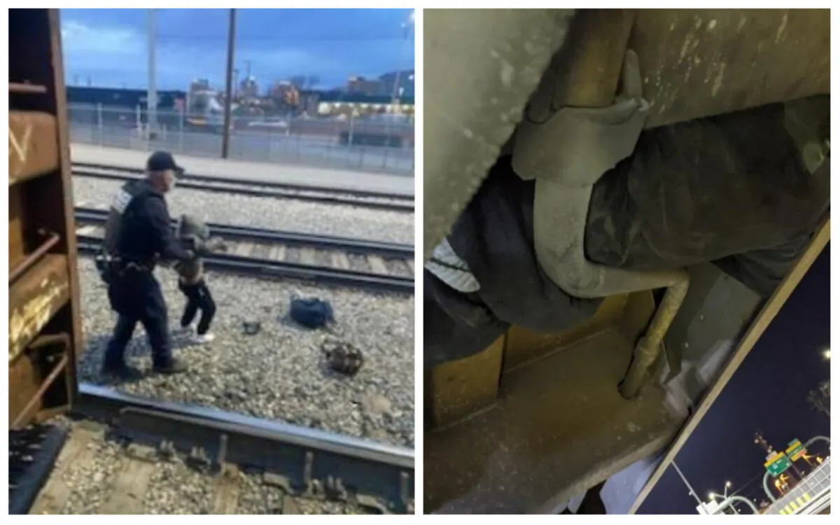 R: CBP Officer removing child from train. L: Person hiding in rail car. (U.S. Customs and Border Protection)