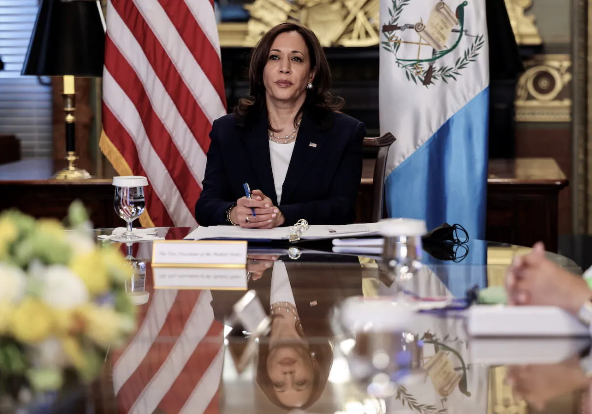 Vice President Kamala Harris listens while holding talks with Guatemala's President Alejandro Giammattei via videoconference, at the White House in Washington, on April 26, 2021. (Evelyn Hockstein/Reuters)