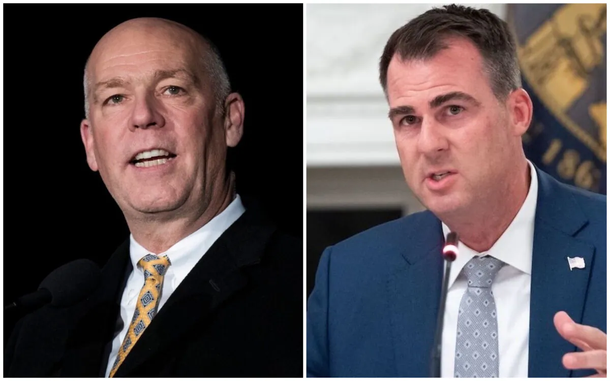 L: Then-Rep. Greg Gianforte (R-Mont.) on Capitol Hill in Washington, on Dec. 6, 2017. (Drew Angerer/Getty Images) R: Oklahoma Gov. Kevin Stitt speaks during a roundtable discussion with President Donald Trump at the White House in Washington, on June 18, 2020. (Saul Loeb/AFP via Getty Images)