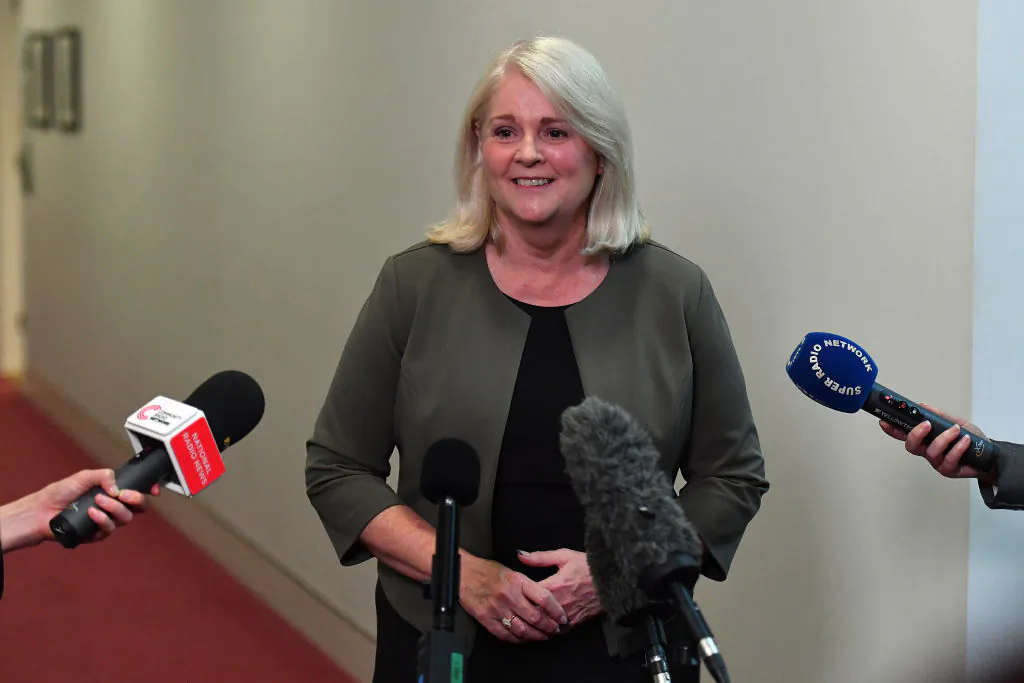 MP Karen Andrews speaks to media during a doorstop in the Press Gallery at Parliament House in Canberra, Australia on March 23, 2021. (Sam Mooy/Getty Images)