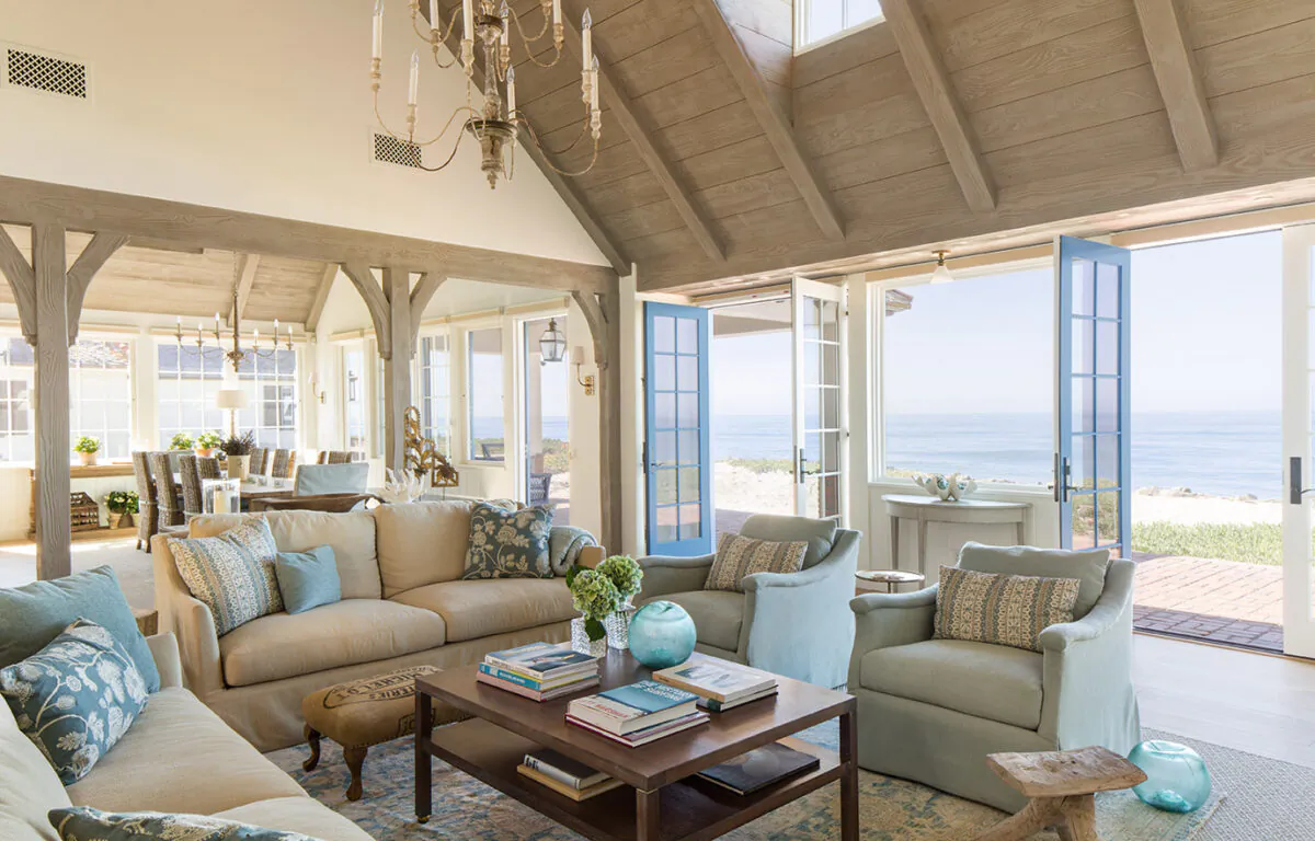 The family room of a waterfront house in Oceanside, southern California, designed by Steve and Brooke Giannetti. They are an architect and interior designer couple who have become known for their signature “patina style,” blending a timeworn aesthetic with a sense of modernity. Their projects are detailed in a new book, “Patina Homes,” published by Gibbs Smith. (Lisa Romerein)
