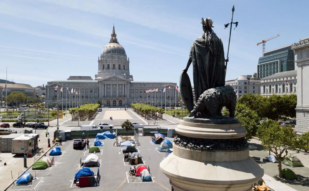 An aerial view shows a statue of Eureka looking over city-sanctioned homeless encampment across from City Hall in San Francisco, Calif., on May 22, 2020. (Josh Edelson/AFP via Getty Images)