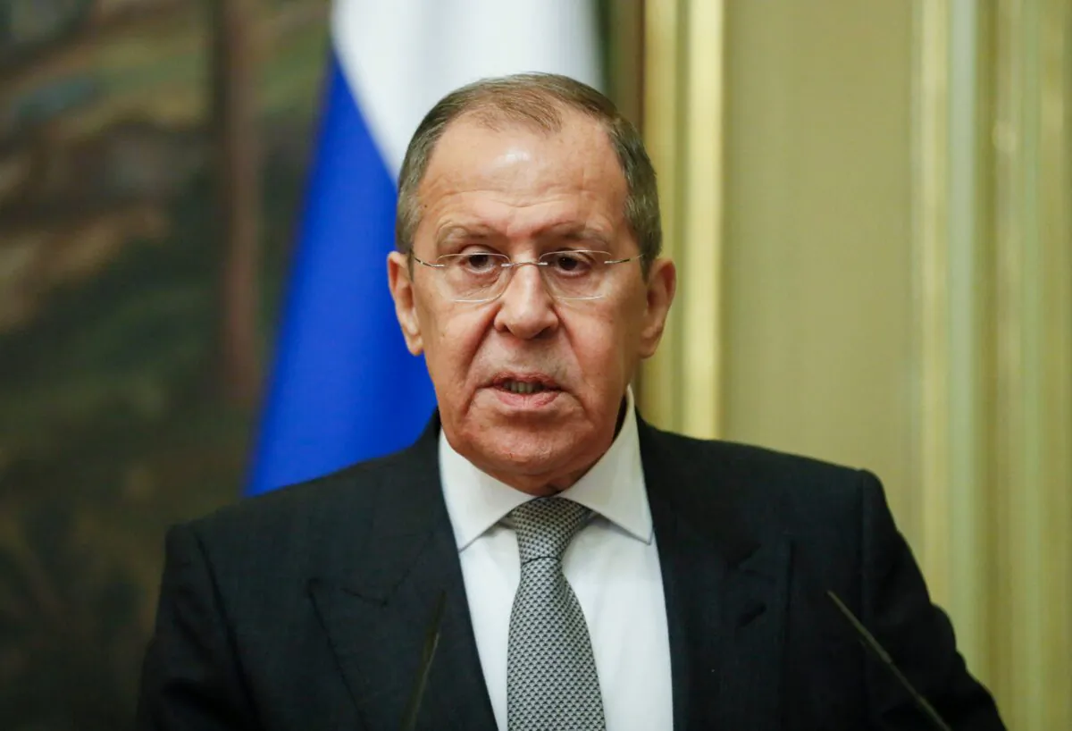 Russian Foreign Minister Sergei Lavrov attends a press conference in Moscow, on April 28, 2021. (Yuri Kochetkov/Pool/AFP via Getty Images)