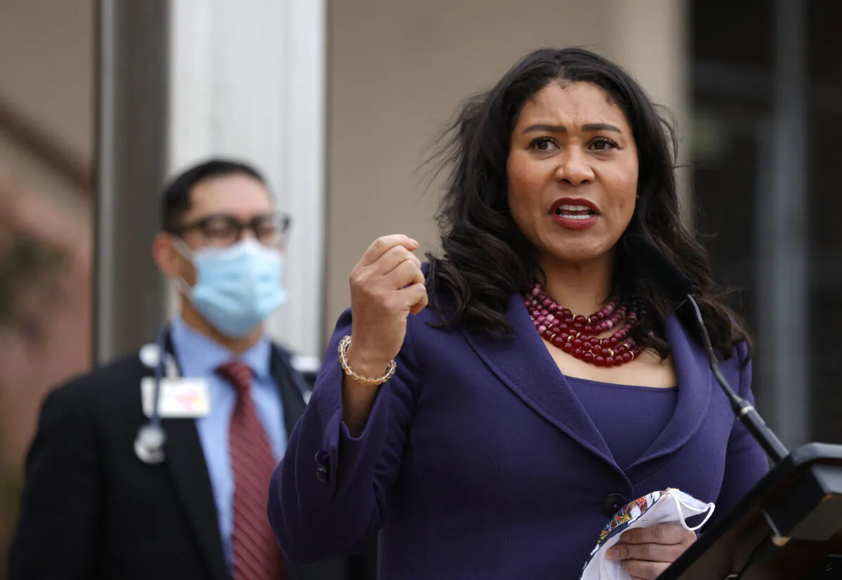 San Francisco Mayor London Breed speaks during a news conference outside of Zuckerberg San Francisco General Hospital in San Francisco, Calif., on March 17, 2021. (Justin Sullivan/Getty Images)