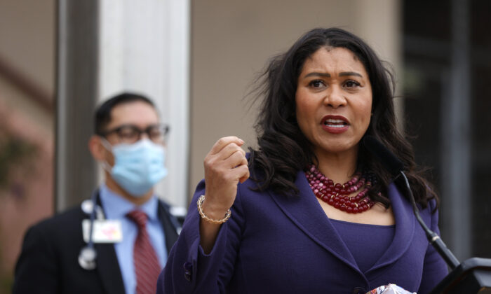 San Francisco Mayor London Breed speaks during a news conference outside of Zuckerberg San Francisco General Hospital in San Francisco, Calif., on March 17, 2021. (Justin Sullivan/Getty Images)