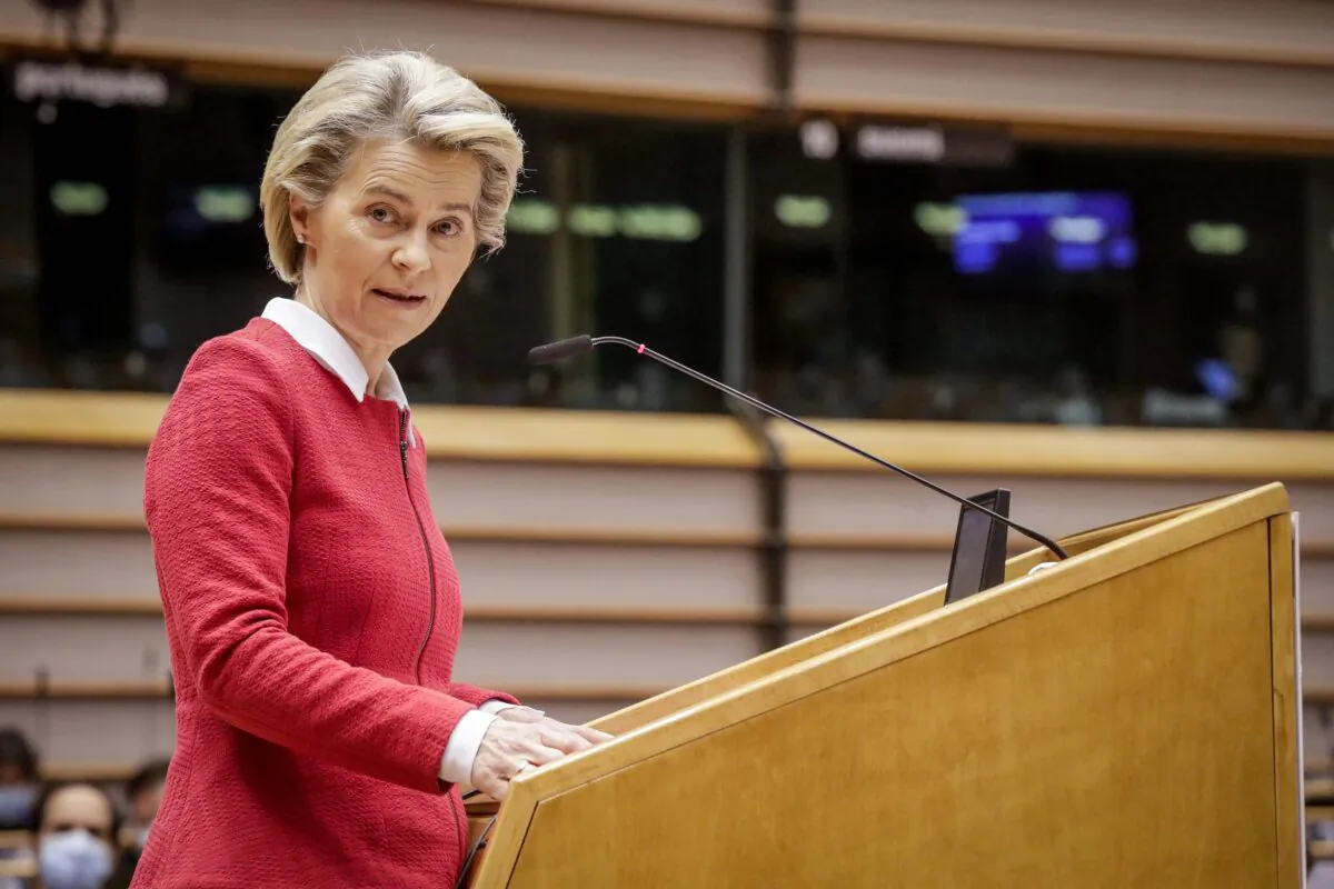 European Commission President Ursula von der Leyen delivers a speech during the debate on EU–UK trade and cooperation agreement during the second day of a plenary session at the European Parliament in Brussels, on April 27, 2021. (Olivier Hoslet/Pool/AFP via Getty Images)