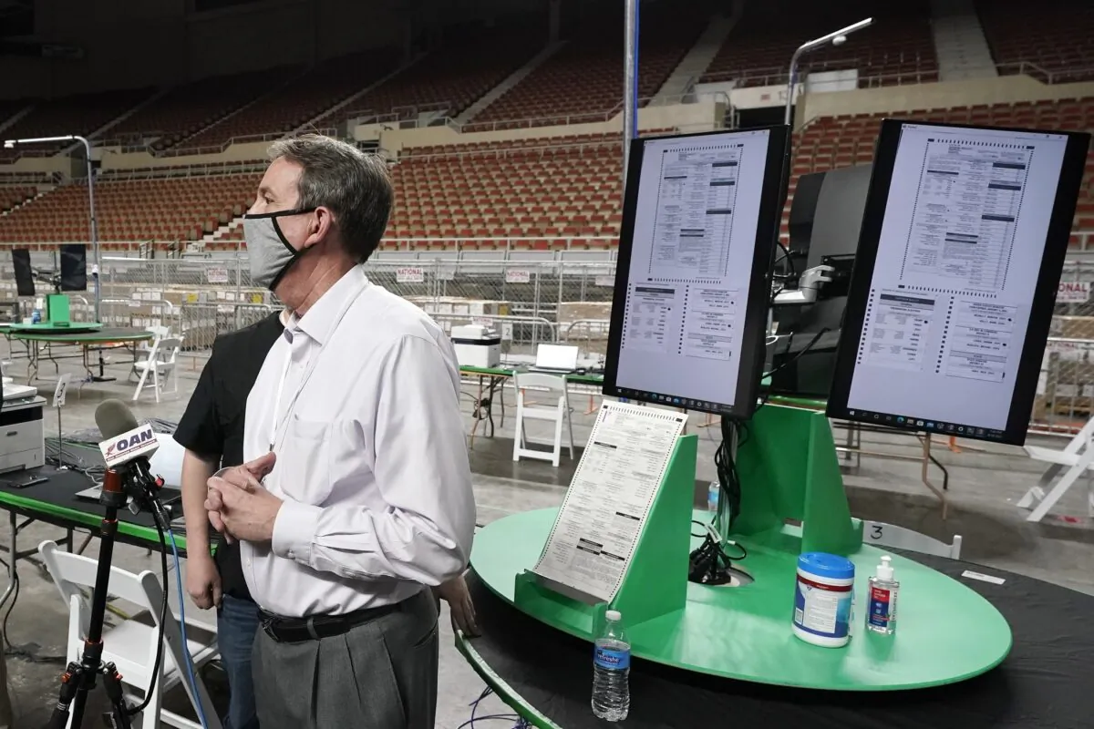 Former Arizona Secretary of State Ken Bennett speaks at a news conference to talk about overseeing a 2020 election ballot audit ordered by the Arizona Senate at the Arizona Veterans Memorial Coliseum in Phoenix, Ariz., on April 22, 2021. (Ross D. Franklin/AP Photo)