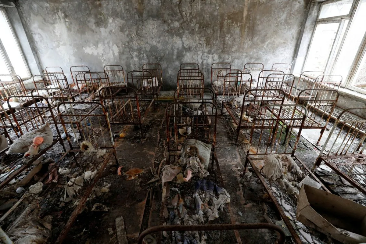 Children's beds are seen in a kindergarten near the Chernobyl Nuclear Power Plant in the abandoned city of Pripyat, Ukraine, on April 12, 2021. (Gleb Garanich/Reuters)
