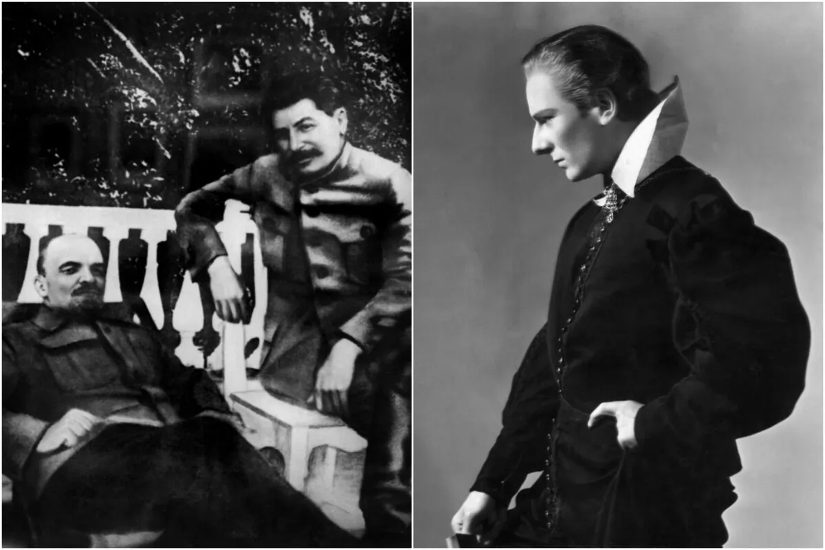 (L) An undated picture shows Vladimir Ilyich Ulianov (1870–1924), better known as Lenin (L) posing in Gorki, Soviet Union, with Iossif Vissarionovitch Dzhugashvili (1879–1953) better known as Joseph Stalin, who became secretary-general of the Soviet communist party in 1922. (-AFP via Getty Images). (R) Portrait of British actor John Gielgud (1904–2000) posing in costume for his lead role in "Hamlet." (Hulton Archive/Getty Images)
