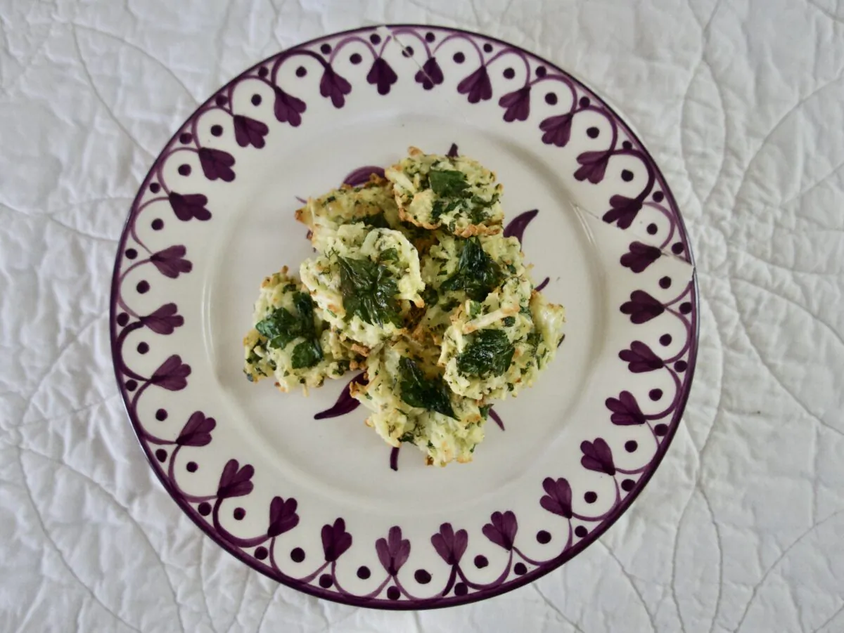 Frozen shredded potatoes turn into elegant pancakes when mixed with fresh herbs, an egg, and a touch of parmesan cheese. (Victoria de la Maza)