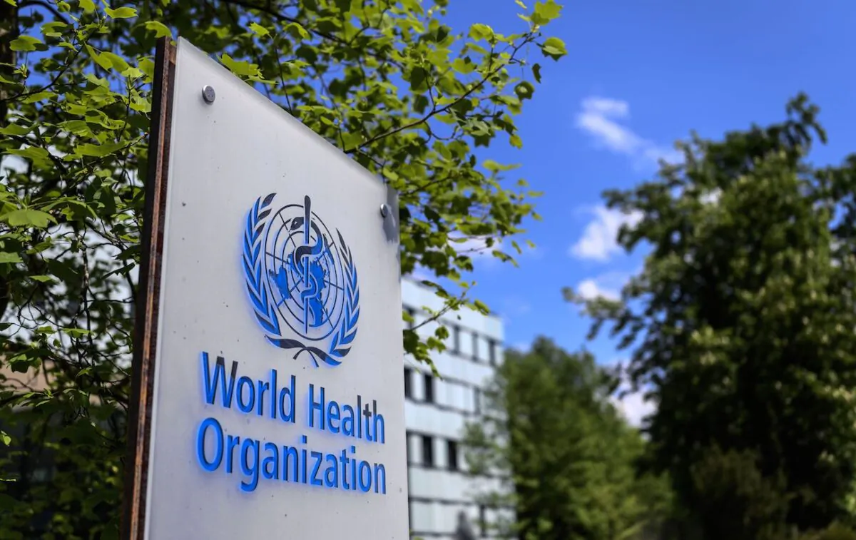 A sign of the World Health Organization in Geneva, Switzerland, on April 24, 2020. (Fabrice Coffrini/AFP via Getty Images)