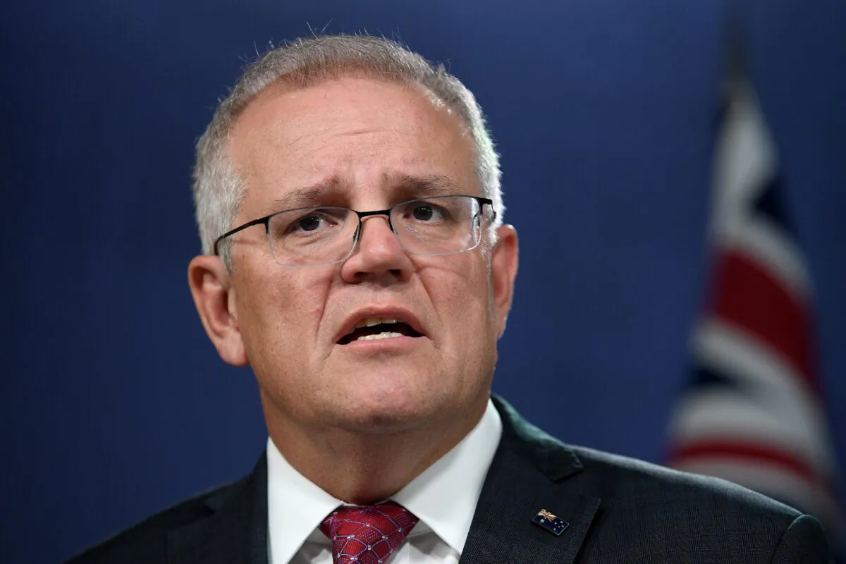 Prime Minister Scott Morrison addresses media during a press conference in Sydney, Australia on April 27, 2021. (AAP Image/Dan Himbrechts)