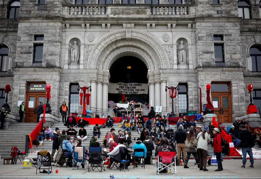Wet'suwet'en supporters and Coastal GasLink opponents continue to protest outside the B.C. Legislature in Victoria, B.C., on February 27, 2020. (Chad Hipolito/The Canadian Press)
