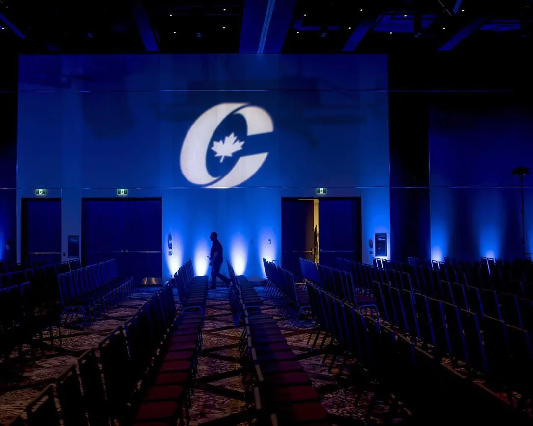 A Conservative Party logo is seen before the opening of the party's national convention in Halifax on Aug. 23, 2018. (Darren Calabrese/The Canadian Press)