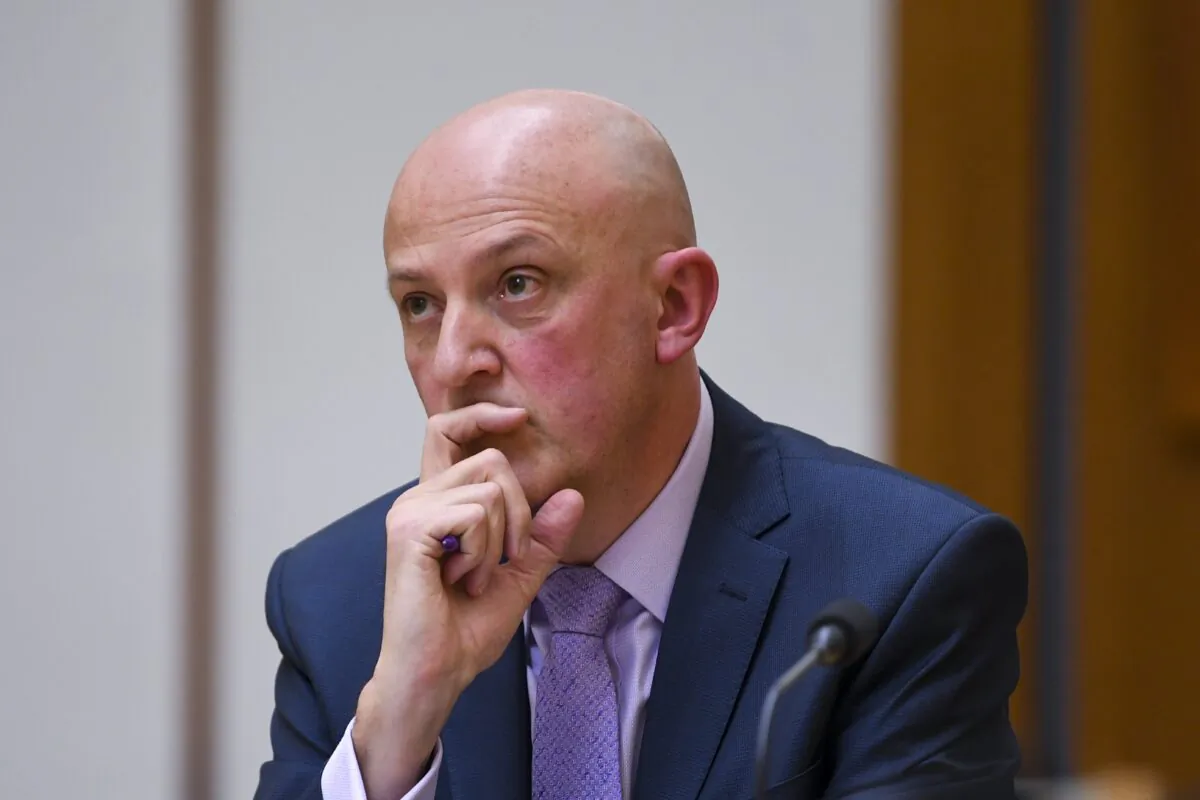 Director-General of ASIO, Mike Burgess appears before a Senate inquiry at Parliament House in Canberra, Australia, on April 29, 2021. (AAP Image/Lukas Coch)