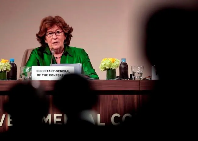 Then Special Representative of the United Nations Secretary-General for International Migration, Louise Arbour speaks during a press briefing after the closing session of the UN Migration Conference in Marrakech, Morocco, on Dec. 11, 2018. (AP Photo/Mosa'ab Elshamy)