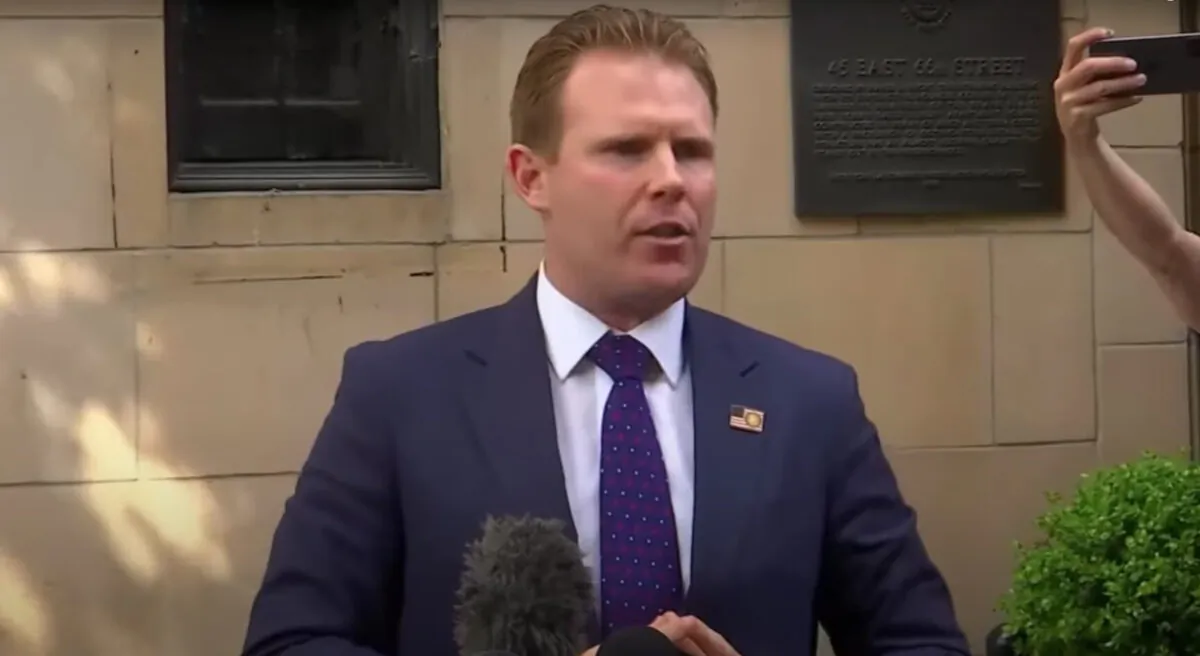 Andrew Giuliani, son of former New York Mayor Rudy Giuliani, speaks to reporters outside the building where his father lives, in New York City, on April 28, 2021. (Reuters/Screenshot via NTD)