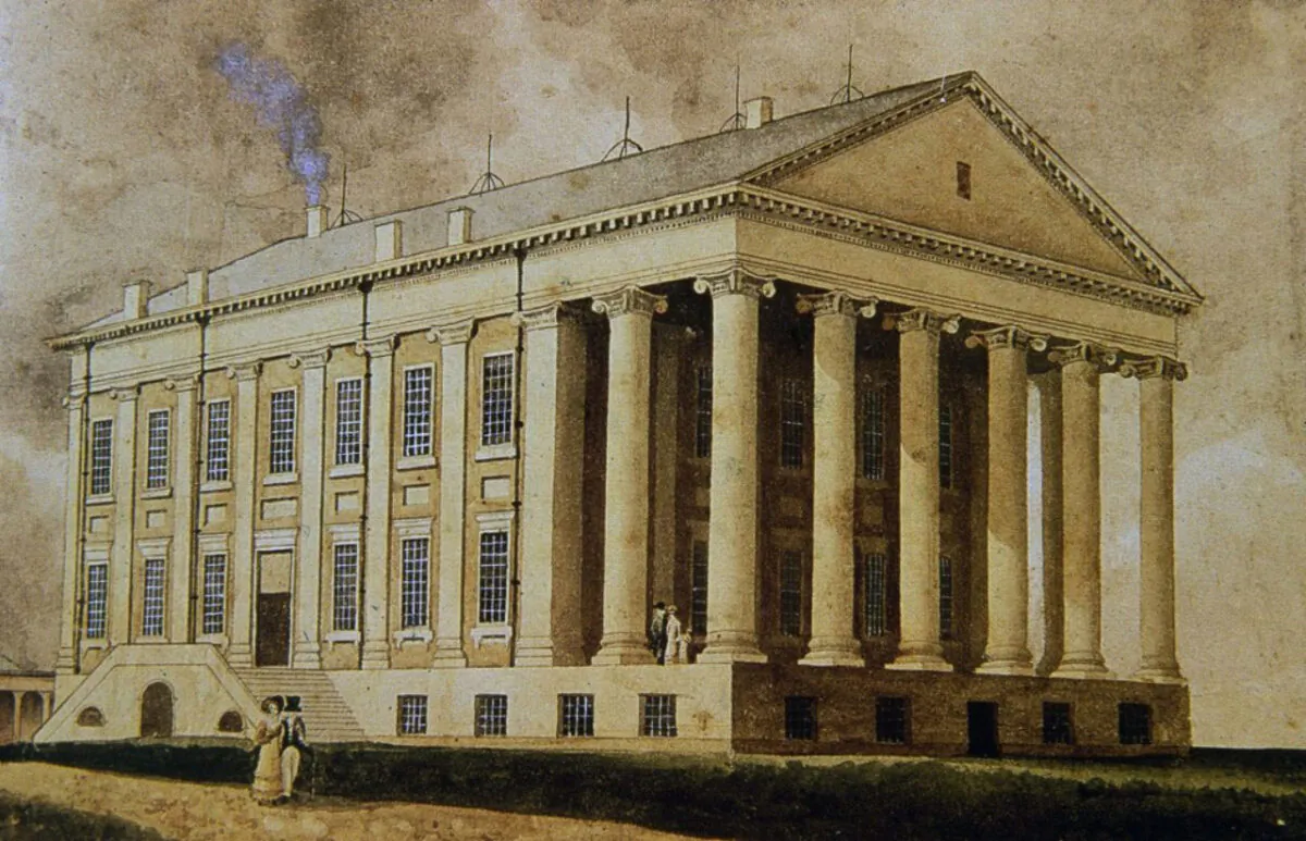 The Virginia State Capitol rendered in an 1830 watercolor by William Goodacre.