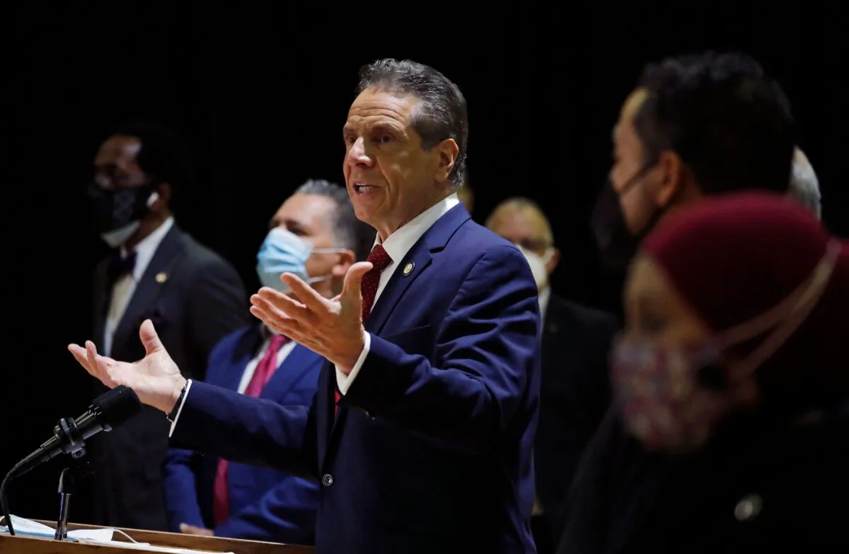 New York Gov. Andrew Cuomo speaks in the Harlem section of Manhattan on April 23, 2021. (Mike Segar/AFP via Getty Images)