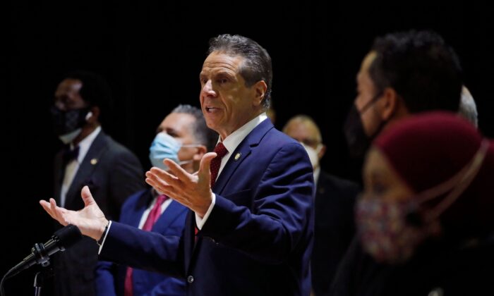 New York Gov. Andrew Cuomo speaks in the Harlem section of Manhattan on April 23, 2021. (Mike Segar/AFP via Getty Images)