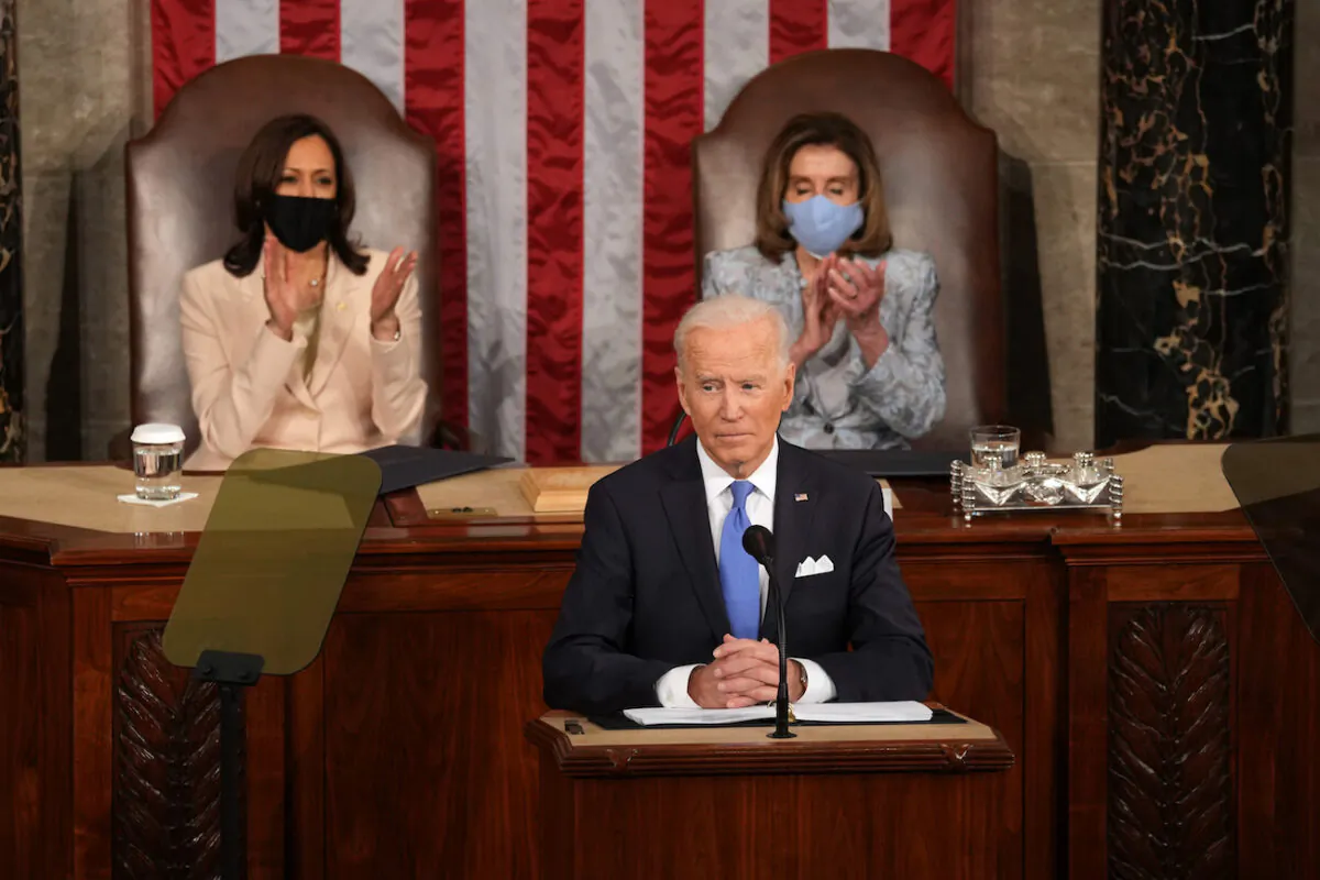 President Joe Biden delivers an address to a joint session of Congress at the Capitol in Washington on April 28, 2021. (Doug Mills/Pool/Getty Images)
