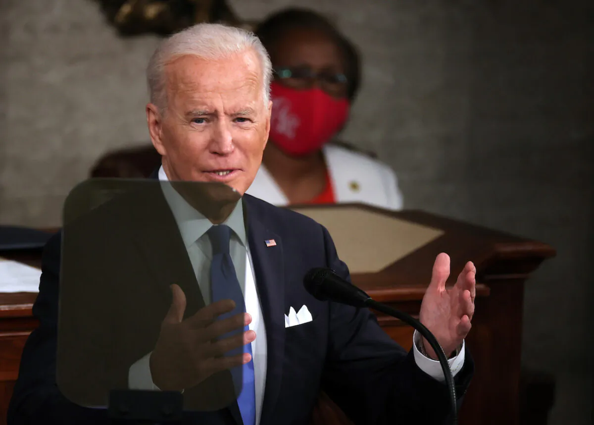President Joe Biden addresses a joint session of congress in the House chamber of the Capitol in Washington, on April 28, 2021. (Chip Somodevilla/Getty Images)